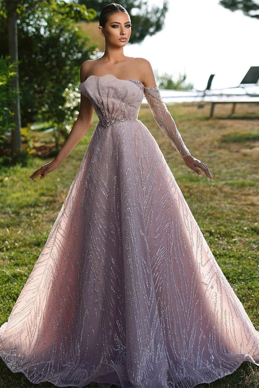  Beautiful Off-the-shoulder Long Sleeve A-line Prom Dress With Ruffles - Prom Dresses - DYAVOR® 