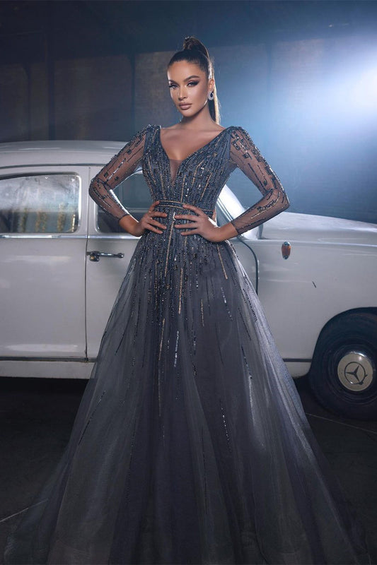  Beautiful Sequined V-neck A-line Sleeveless Prom Dress With Long Sleeves - Prom Dresses - DYAVOR® 