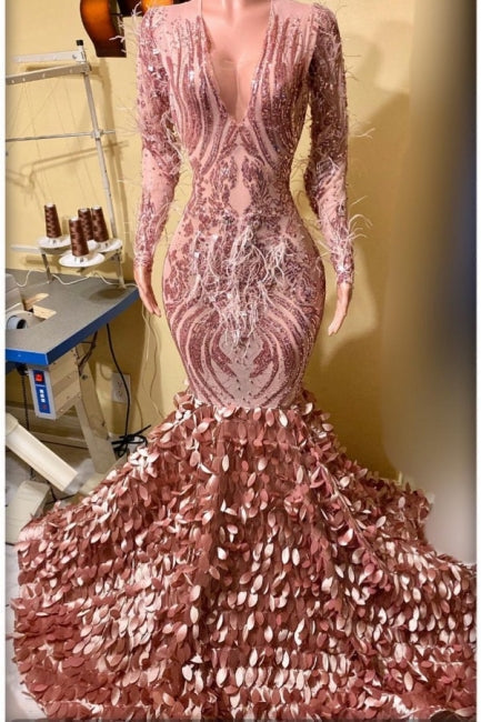  Beautiful V-Neck Long Sleeves Lace Mermaid Prom Dress with Appliques - Prom Dresses - DYAVOR® 