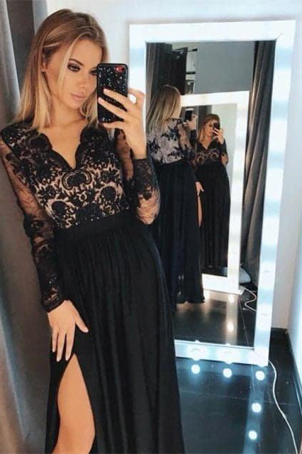  Black Floral Lace Long Sleeves Evening Maxi Dress - Prom Dresses - DYAVOR® 