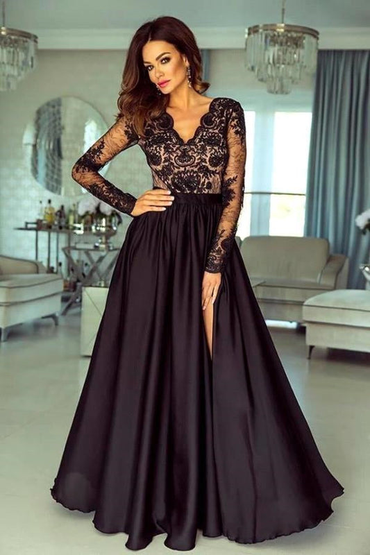  Black Floral Lace Long Sleeves Evening Maxi Dress - Prom Dresses - DYAVOR® 