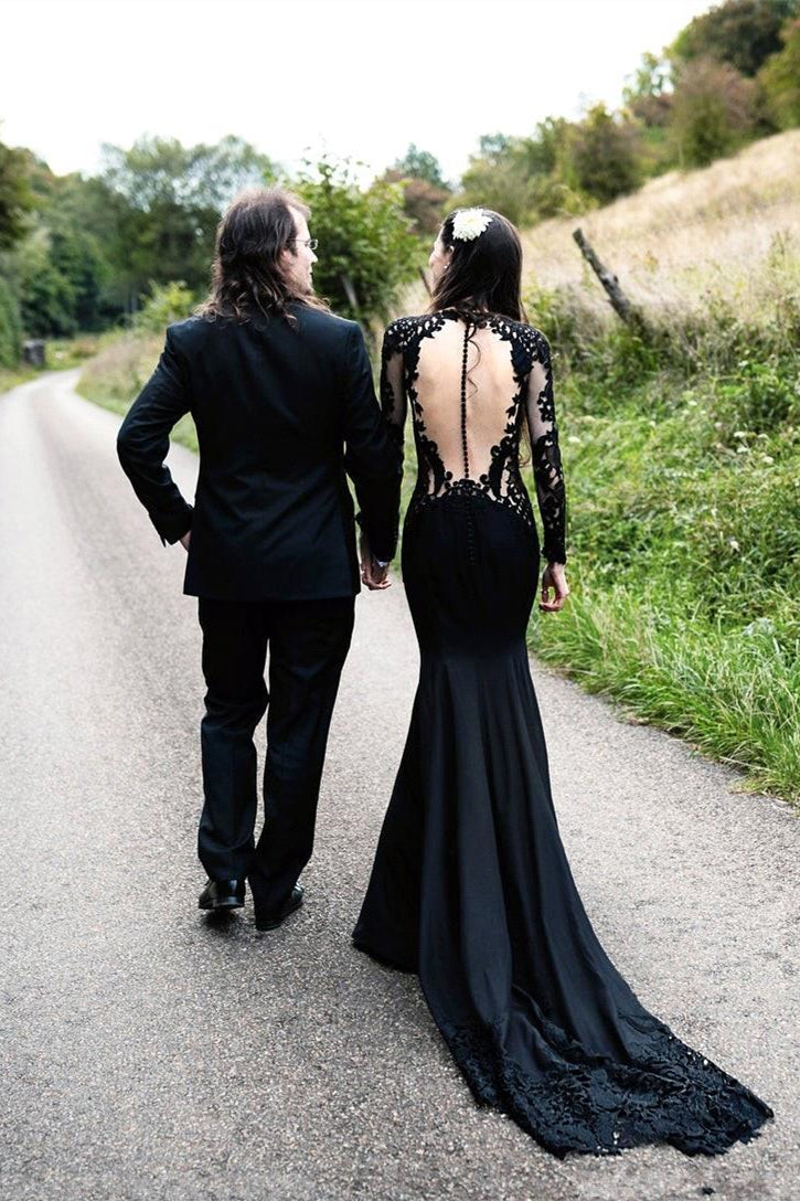  Black Long Sleeves Mermaid Wedding Dress with Sweep Train - Prom Dresses - DYAVOR® 