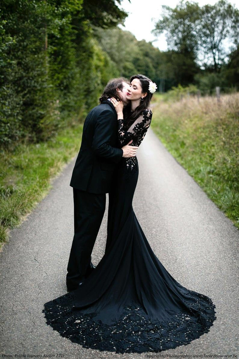  Black Long Sleeves Mermaid Wedding Dress with Sweep Train - Prom Dresses - DYAVOR® 