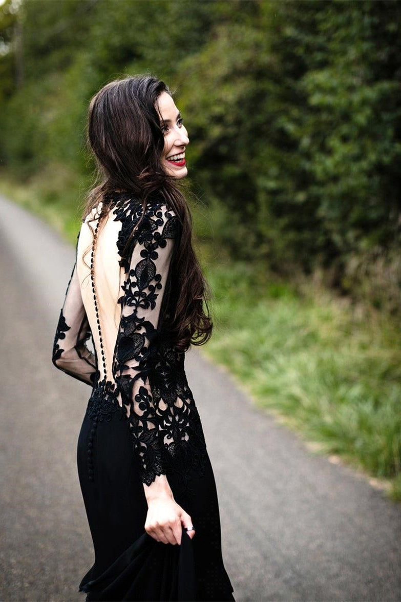  Black Long Sleeves Mermaid Wedding Dress with Sweep Train - Prom Dresses - DYAVOR® 