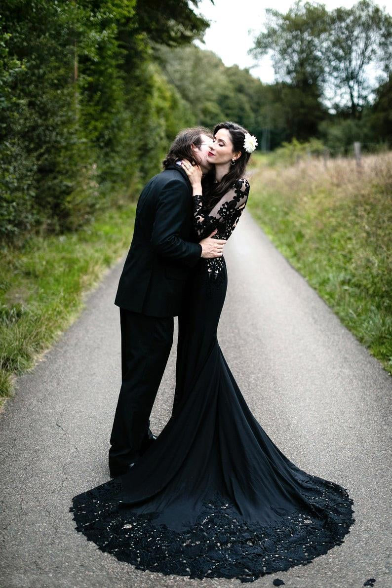  Black Long Sleeves Mermaid Wedding Dress with Sweep Train - Prom Dresses - DYAVOR® 