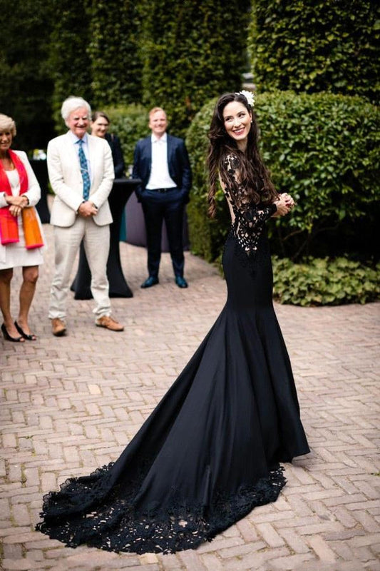  Black Long Sleeves Mermaid Wedding Dress with Sweep Train - Prom Dresses - DYAVOR® 