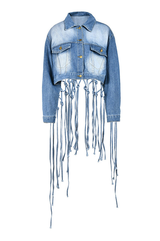  Boho Chic Button Down High Low Cutout Macrame Fringe Crop Denim Jacket - Denim - DYAVOR® 