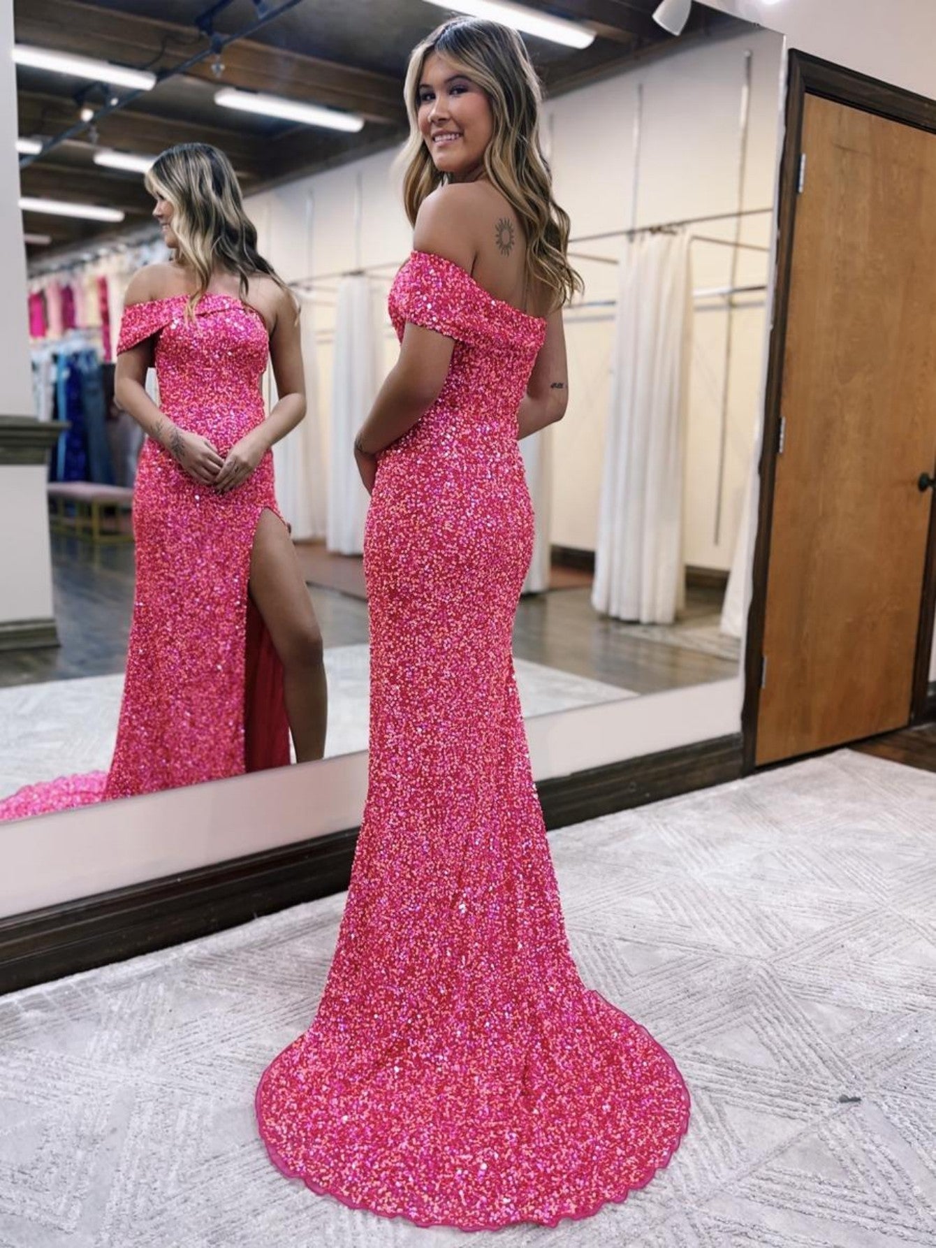  Glitter Mermaid One Shoulder Pink Long Prom Dress With Slit - Prom Dress - DYAVOR® 