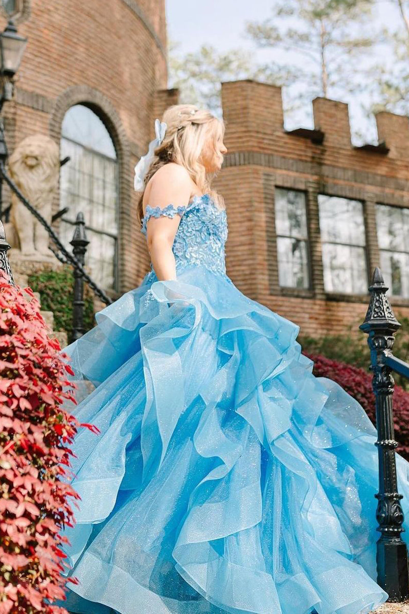  Blue Off the Shoulder Ruffle Tiered Tulle Long Prom Dresses with Appliques - Prom Dress - DYAVOR® 