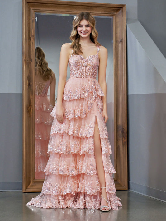  Pink Princess A Line Off the Shoulder Corset Prom Dress with Lace Ruffles - Prom Dress - DYAVOR® 