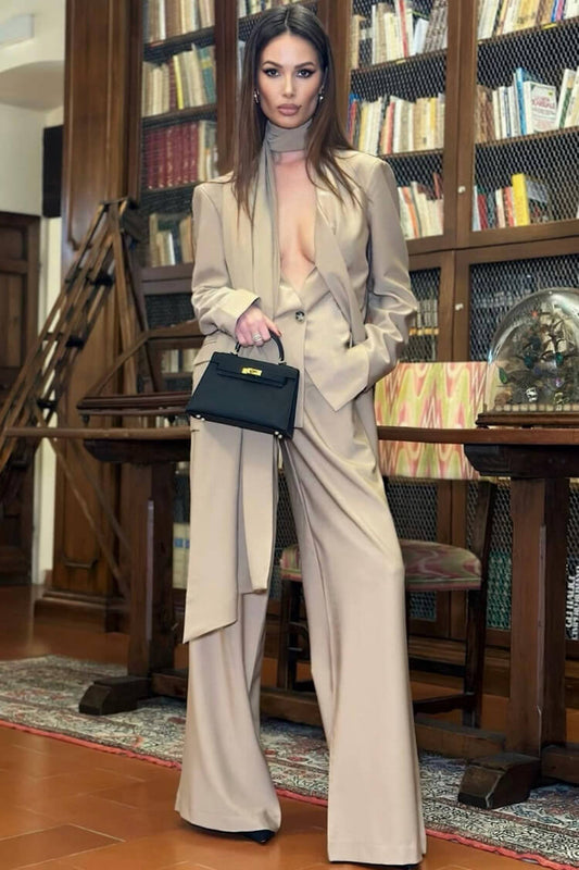  Casual Oversized Scarf Blazer High Waist Wide Leg Two Piece Suit Pants Set - Matching Sets - DYAVOR® 