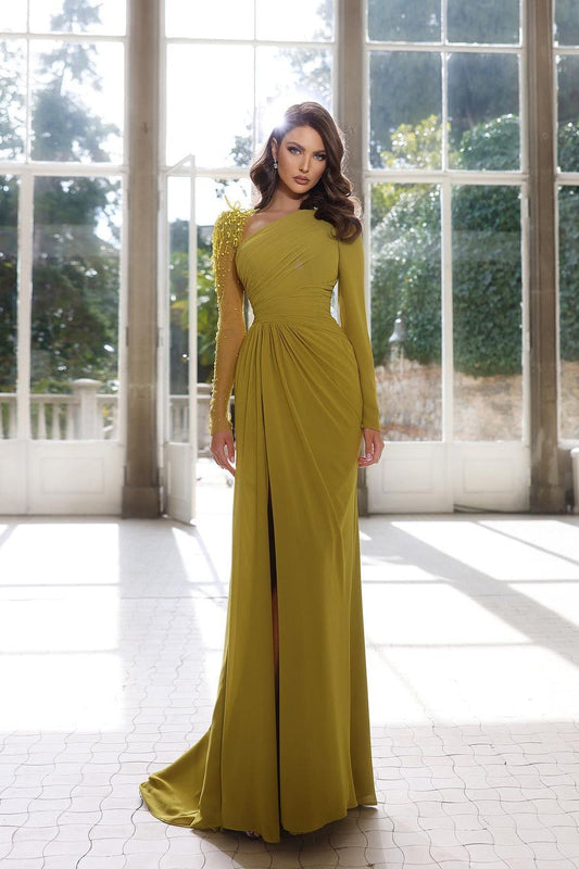  Charming Long A-line Long Sleeves Beading Prom Dress With Slit - Prom Dresses - DYAVOR® 