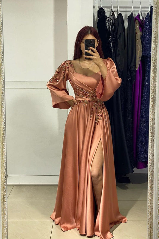  Charming Long Front Split A-Line Long Sleeves Prom Dress With Rhinestone - Prom Dresses - DYAVOR® 
