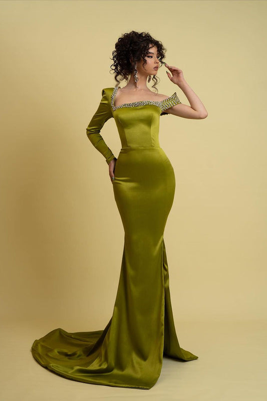  Charming Long Green Mermaid Long Sleeve Rhinestones Prom Dress With Slit - Prom Dresses - DYAVOR® 
