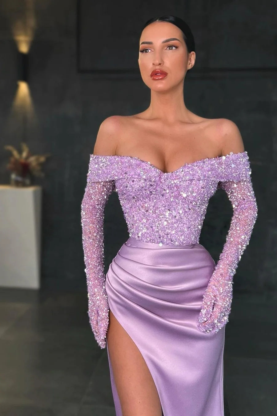  Charming Long Mermaid Off-the-shoulder Long Sleeves Lace Prom Dress With Slit - Prom Dresses - DYAVOR® 