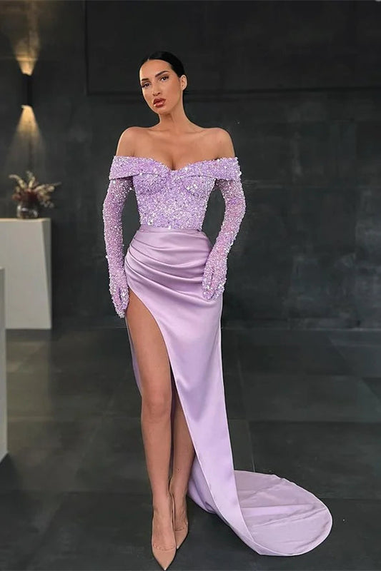  Charming Long Mermaid Off-the-shoulder Long Sleeves Lace Prom Dress With Slit - Prom Dresses - DYAVOR® 