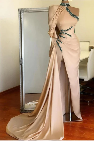  Charming Long One Shoulder Beading Long Sleeve Split Prom Dress With Train - Prom Dresses - DYAVOR® 