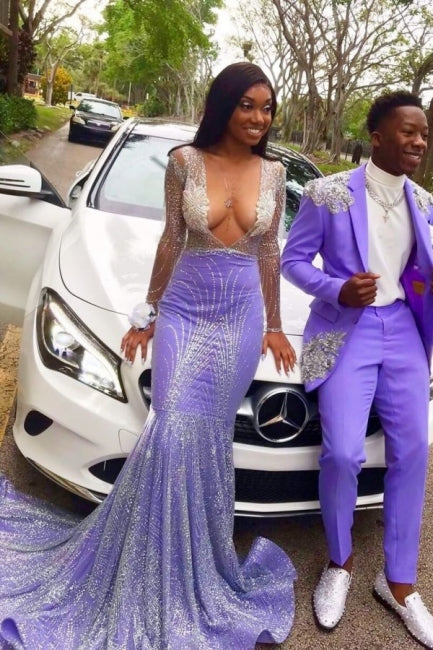  Charming Long Purple V-Neck Floor Length Long Sleeves Lace Prom Dress - Prom Dresses - DYAVOR® 