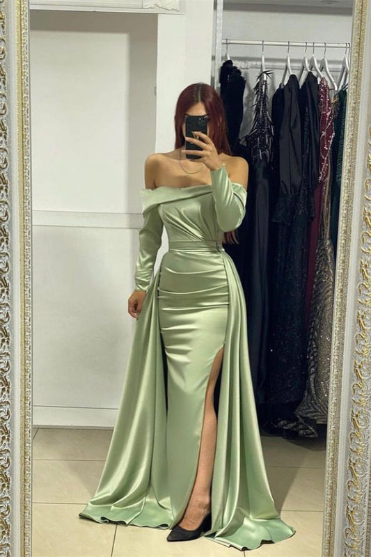  Charming Long Strapless Front Split Satin Mermaid Prom Dress With Long Sleeves - Prom Dresses - DYAVOR® 