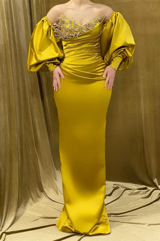  Charming Long Sweetheart Rhinestone Satin Mermaid Prom Dress With Long Sleeves - Prom Dresses - DYAVOR® 