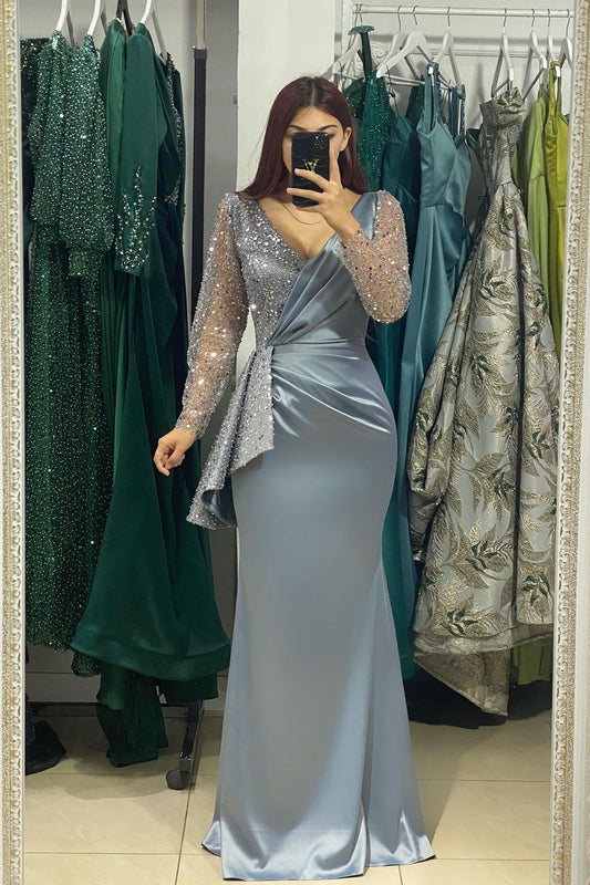  Charming Long V-Neck Long Sleeves Mermaid Prom Dress With Rhinestone - Prom Dresses - DYAVOR® 