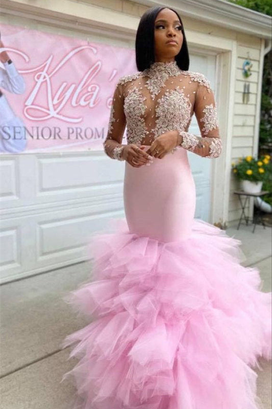  Charming Pink Halter Long Sleeve Transparent lace Column Mermaid Floor-length Prom Dresses - Prom Dresses - DYAVOR® 