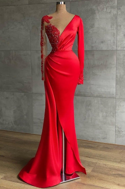  Charming Red Beading Mermaid Prom Dress Side Slit with Lace - Prom Dresses - DYAVOR® 