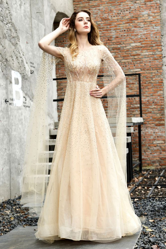  Charming Tulle Floor Length Evening Party Dress Sparkly Beads Prom Dress with Back Cape - Prom Dresses - DYAVOR® 