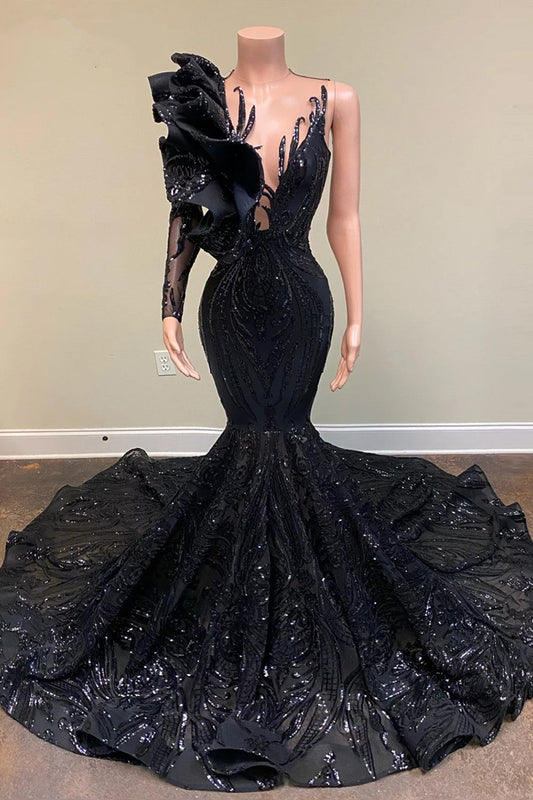  Chic Black Long Sleeve Asymmetrical Floor Length Mermaid Prom Dress - Prom Dresses - DYAVOR® 