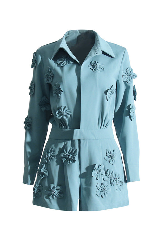  Chic Lapel Collar Buttoned Long Sleeve Pleated Rosette Blazer Romper - Rompers - DYAVOR® 