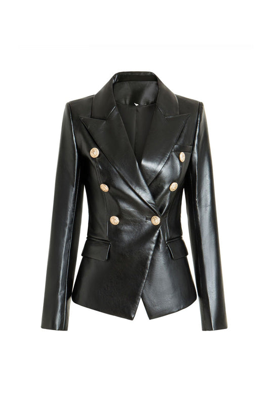  Chic Lapel Collar Long Sleeve Double Breasted Tailored Faux Leather Blazer - Blazers - DYAVOR® 