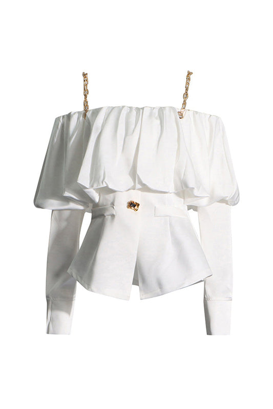  Chic Metallic Strap Ruffled Cold Shoulder Long Sleeve Crystal Chiffon Jacket - Tops - DYAVOR® 