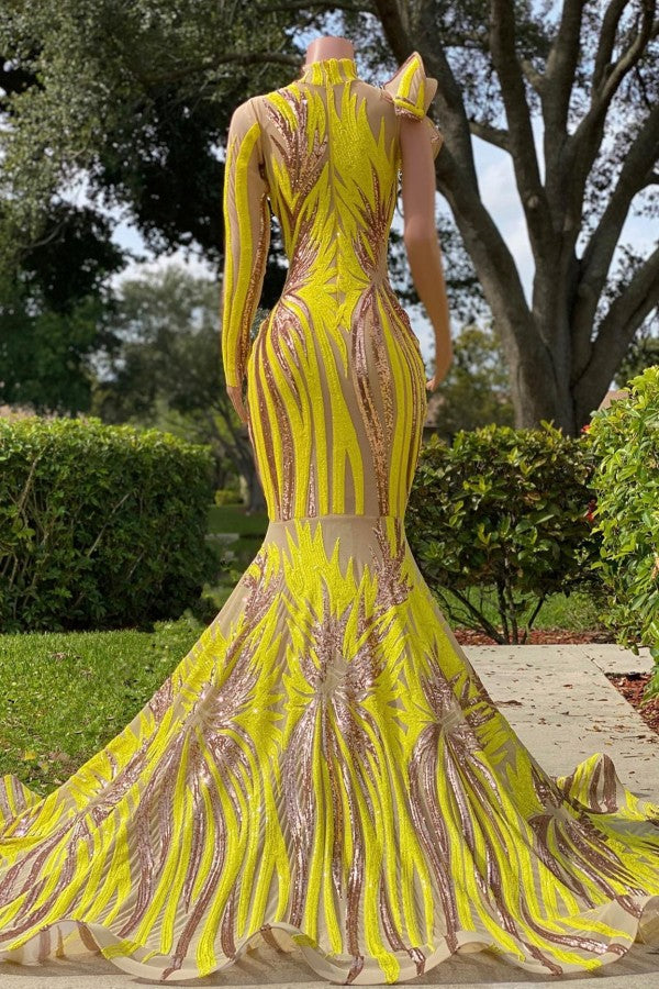  Chic Yellow High Neck Long Sleeve One Shoulder Mermaid Prom Dress - Prom Dresses - DYAVOR® 