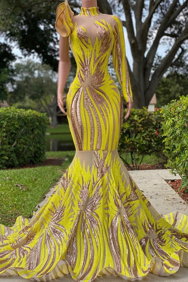 Chic Yellow High Neck Long Sleeve One Shoulder Mermaid Prom Dress - Prom Dresses - DYAVOR® 