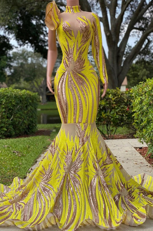  Chic Yellow High Neck Long Sleeve One Shoulder Mermaid Prom Dress - Prom Dresses - DYAVOR® 