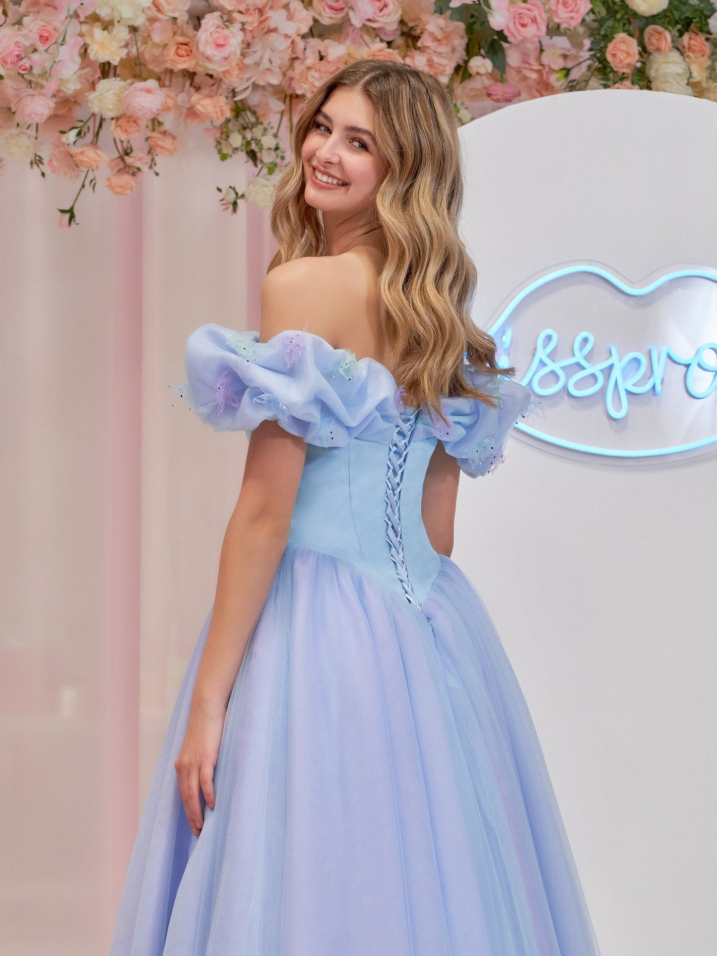  Isabel | Cinderella Blue Tulle Off the Shoulder With Crystals & Butterflies Ball Gown - Prom Dress - DYAVOR® 