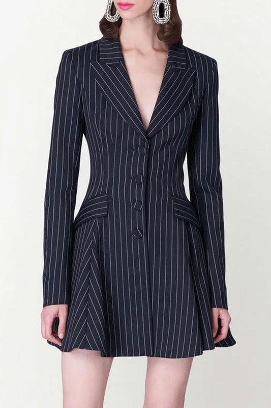  Classic Lapel Button Front Fit & Flare Striped Blazer Mini Dress - Navy Blue - Blazer - DYAVOR® 