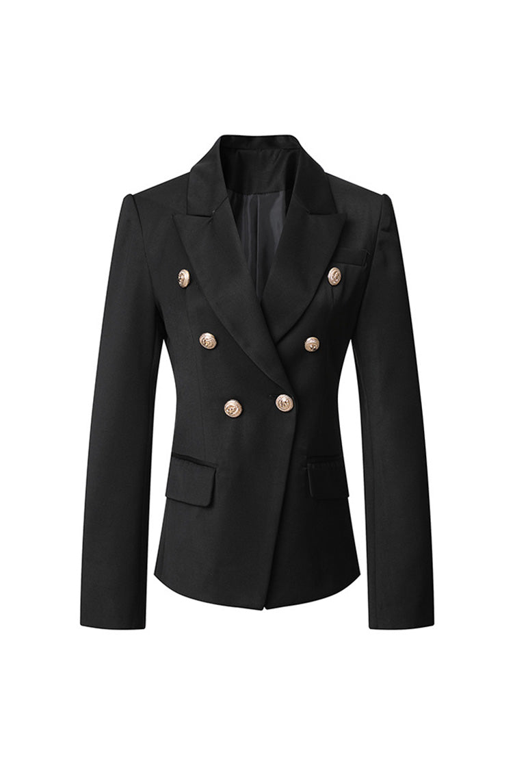  Classic Peak Lapel Shoulder Pad Double Breasted Cinch Waist Blazer - Blazers - DYAVOR® 