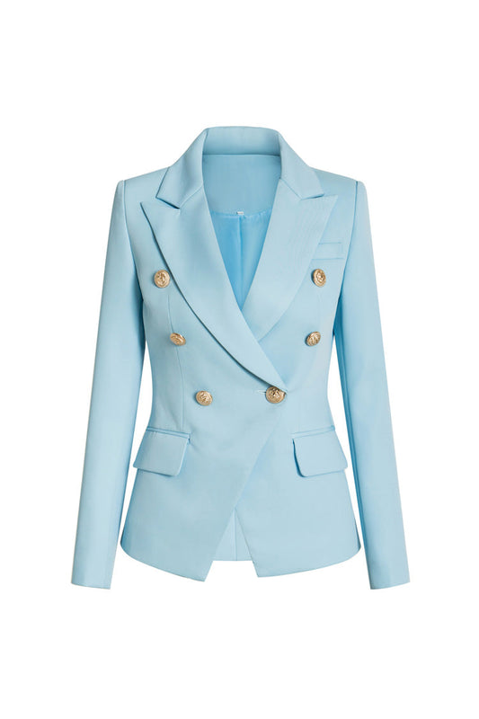  Classic Peak Lapel Shoulder Pad Double Breasted Cinch Waist Blazer - Blazers - DYAVOR® 