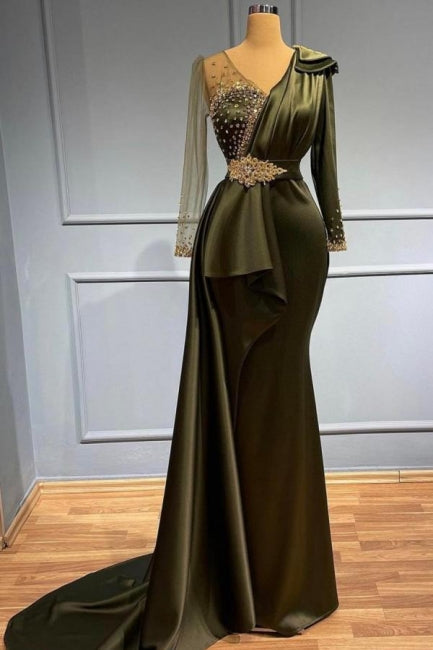 Classy V-neck Long Sleeves Beading Mermaid Prom Dress With Side Train - Prom Dresses - DYAVOR® 