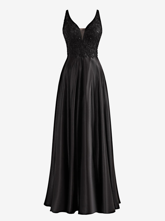  Colette | Black A-Line V-Neck Satin Prom Dress with Slit - Prom Dress - DYAVOR® 