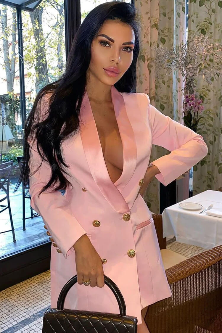  Contrast Trim Shawl Neck Double Breasted Blazer Mini Dress - Pink - Blazer - DYAVOR® 