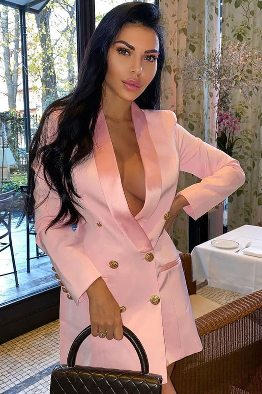  Contrast Trim Shawl Neck Double Breasted Blazer Mini Dress - Pink - Blazer - DYAVOR® 