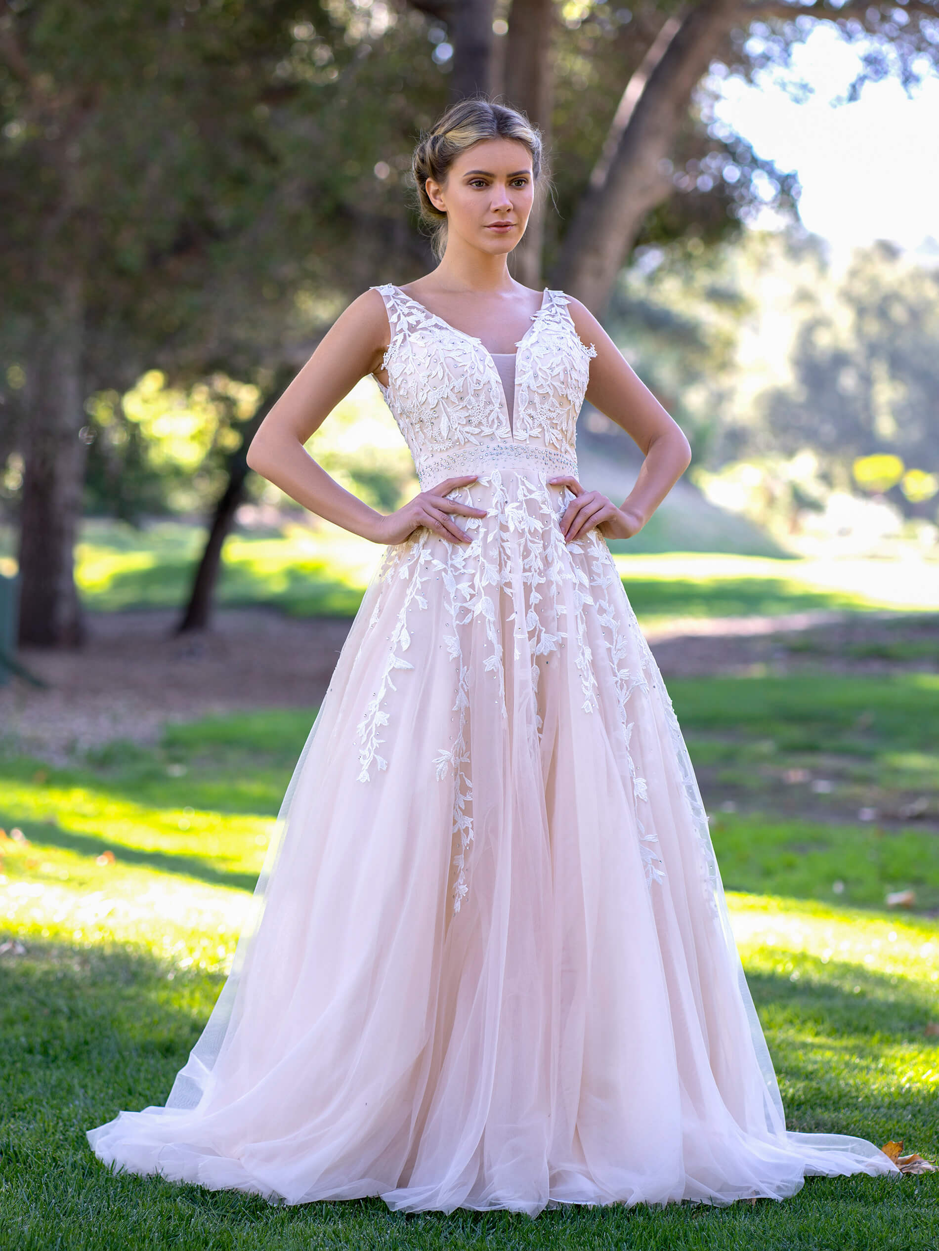  V-neck Applique Lace Tulle Sweep Train Prom Dress - Prom Dresses - DYAVOR® 