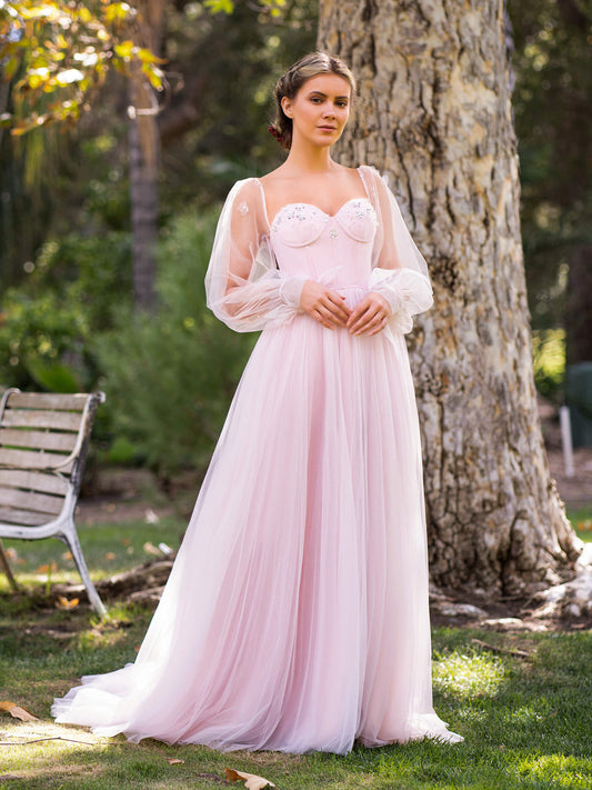  Corset Puffy Sleeves Floor Length Tulle Prom Dress - Prom Dresses - DYAVOR® 