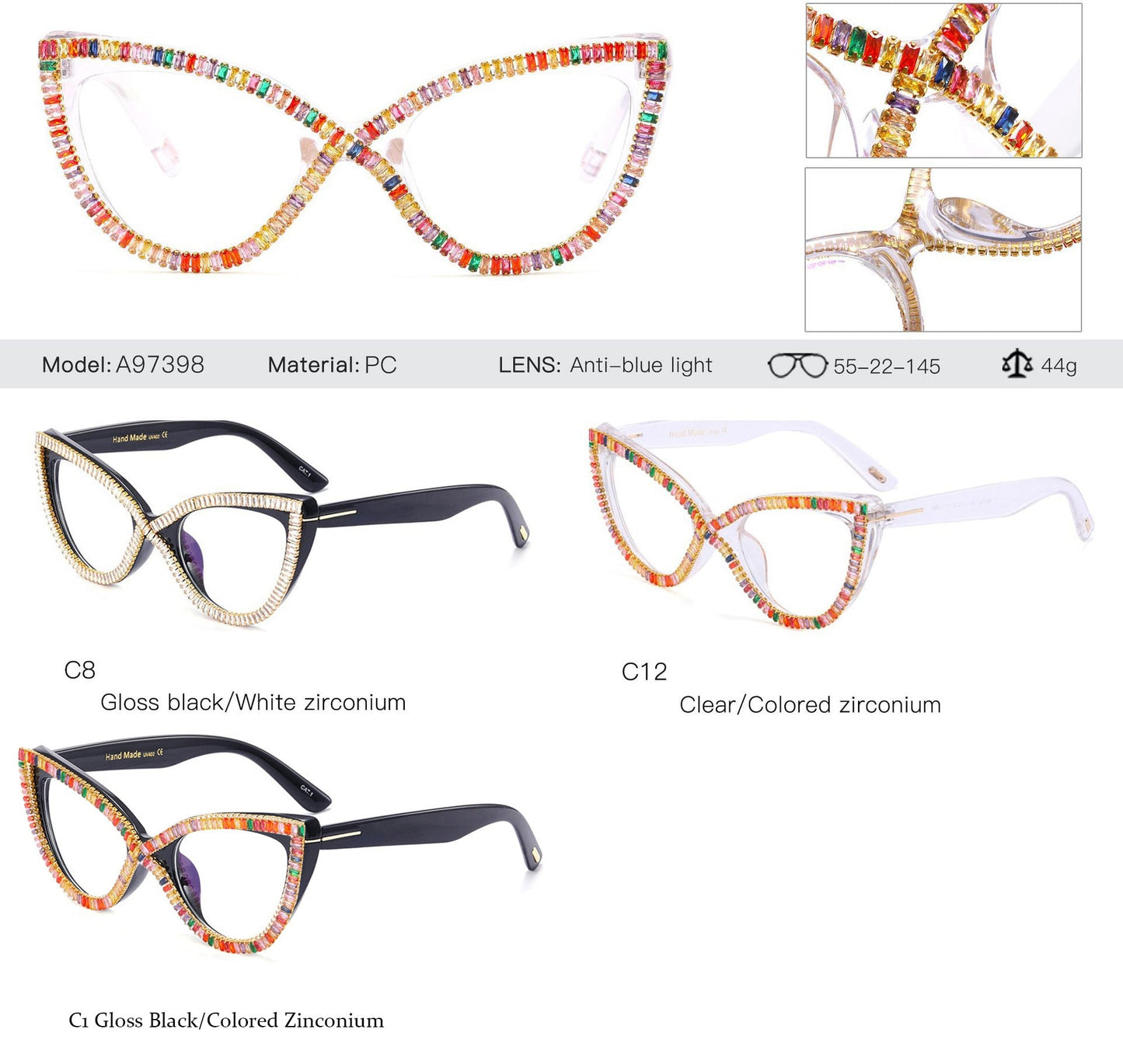  Women's Diamond Anti Blue Light Spectacle Crystal Cat Eyes Sunglasses - Women Sunglasses - DYAVOR® 