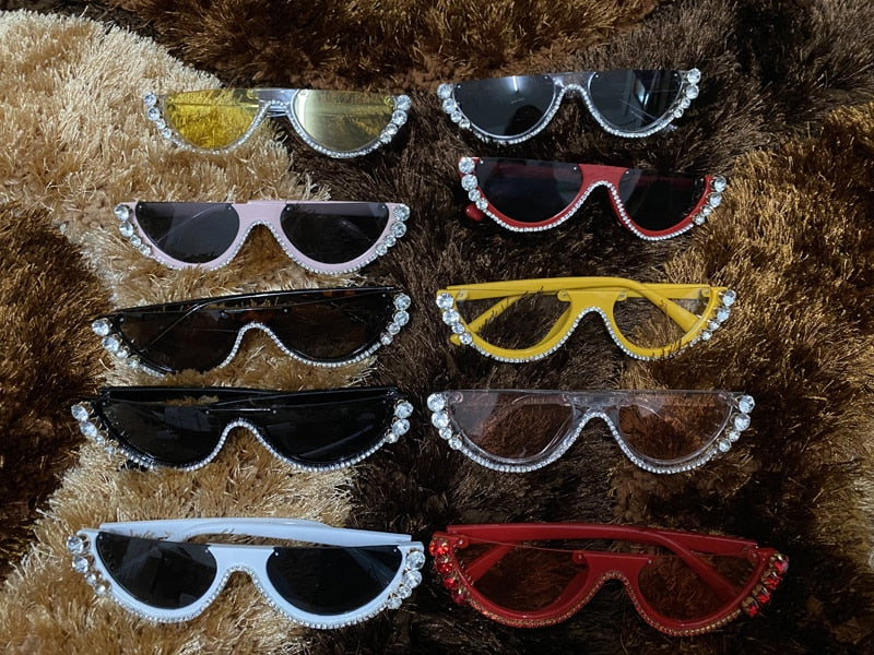  Women's Rhinestone Crystal Half Frame Rimless Cat Eye Sunglasses - Women Sunglasses - DYAVOR® 
