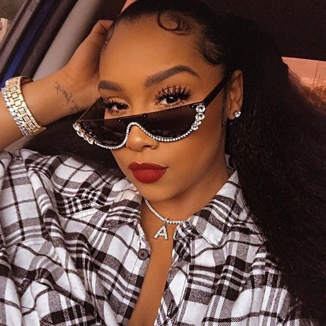  Women's Rhinestone Crystal Half Frame Rimless Cat Eye Sunglasses - Women Sunglasses - DYAVOR® 