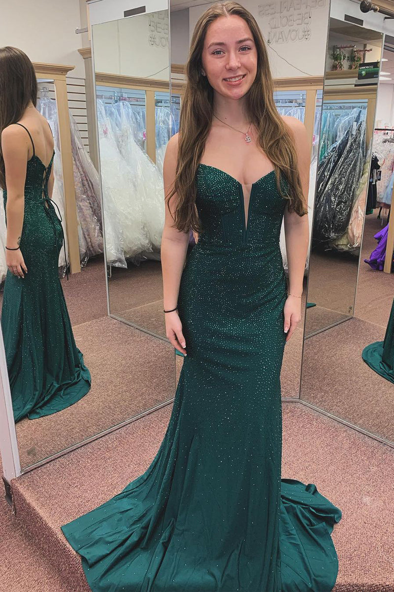  Dark Green Spaghetti Straps Beaded Mermaid Long Prom Dresses - Prom Dress - DYAVOR® 