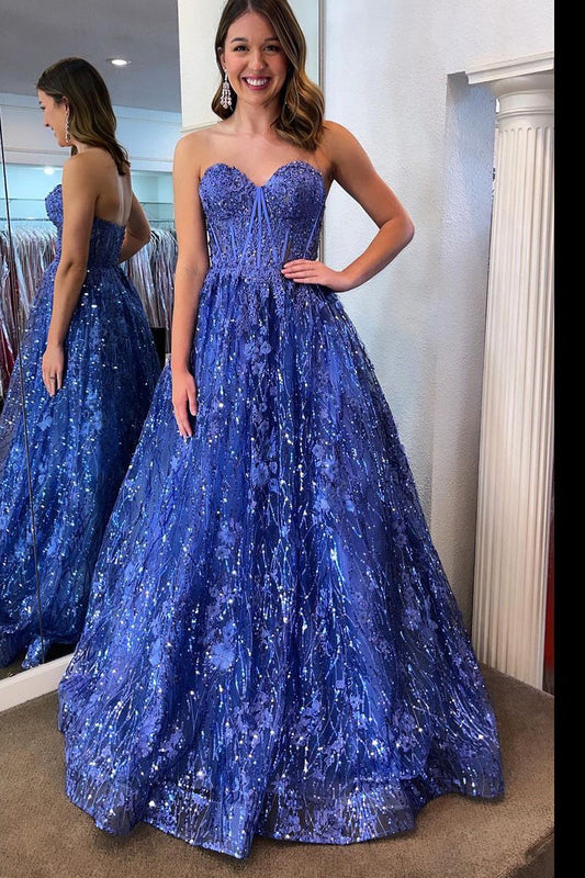  Allyson | Sweetheart Blue Sequin Lace Corest Long Dresses - Prom Dress - DYAVOR® 